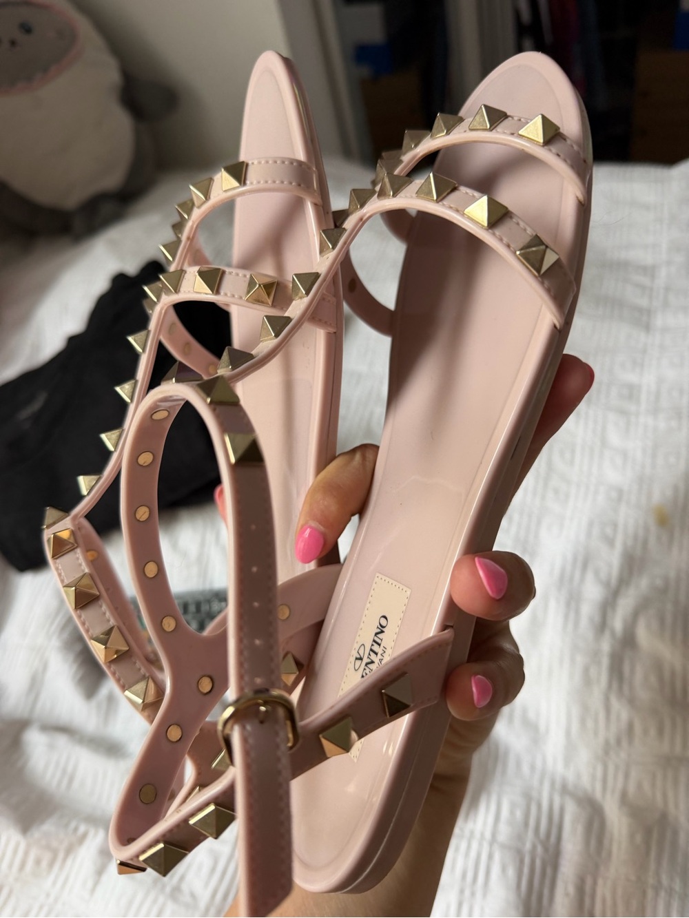 Valentino Pink Rockstud Flat Sandals - Picture 1 of 3